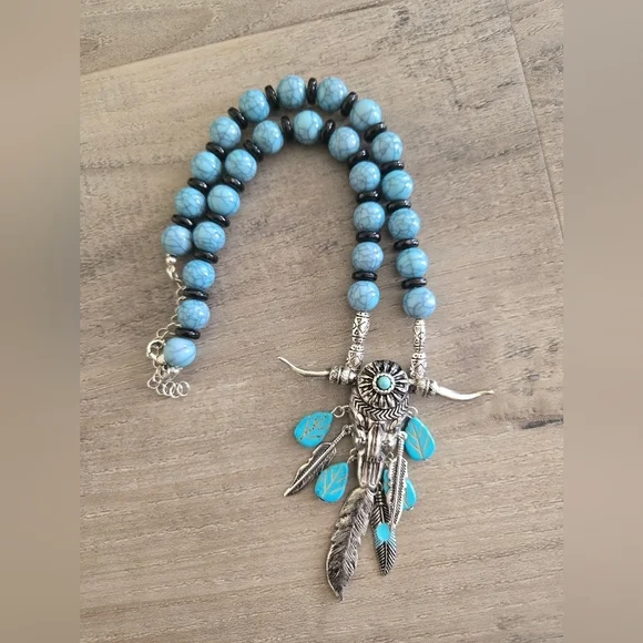 Ox Cow Skull Dangle Feathers Necklace Silver Blue/Black Beads Western Cowgirl - Picture 7 of 7